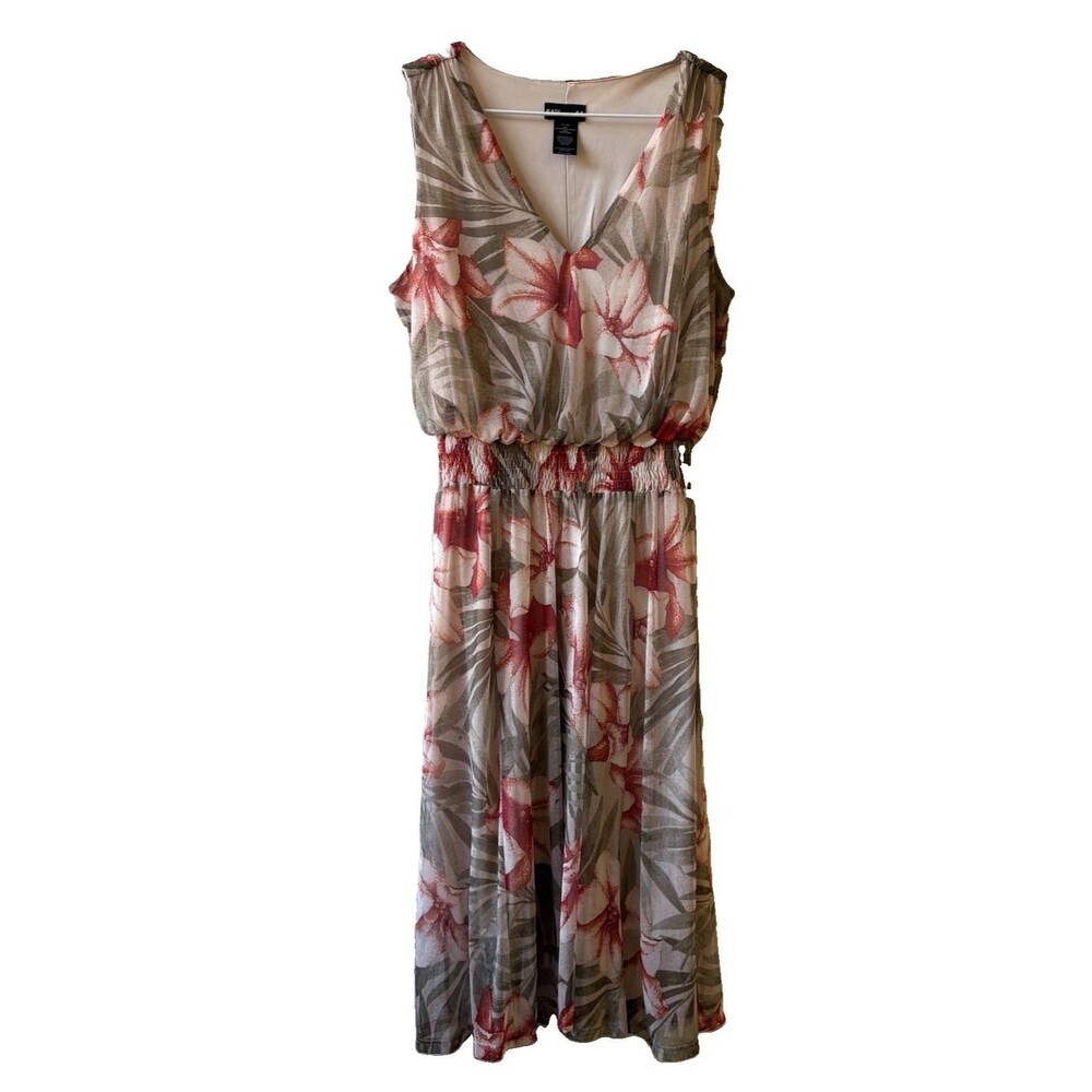 Kate and Lily Beige Floral V-Neck Sleeveless Smocked Chiffon Midi Dress 10